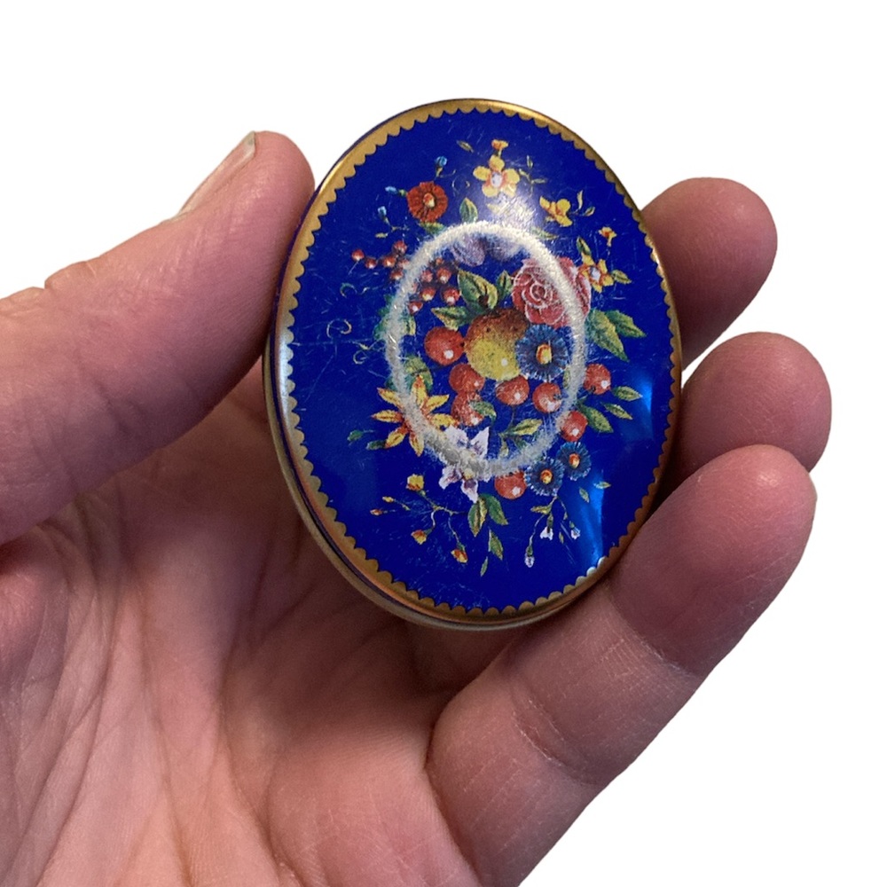 Vintage Candy Tin Trinket Box - Floral Pattern on Gold & Blue